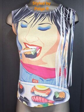❤️Y2K VTG EURO MISS SIXTY Uber RARE Sushi Eating Girl Sleeveless Top PRISTINE M